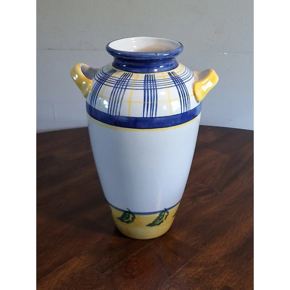 Vintage Ceramic Vase Blue Yellow 3D Lemon 10.5